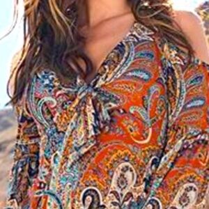 Venus Cold Shoulder Paisley Top Womens Size XL Retro Relaxed V Neck Tie Knot